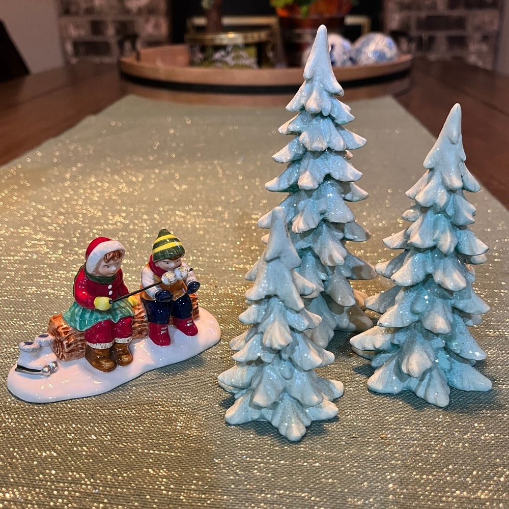 Department 56 Marshmallow Roast and Set of Trees Lot (no box)